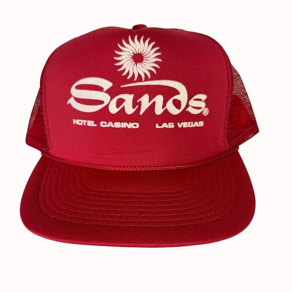 Sands Hotel Casino Trucker Hat Las Vegas VTG Red Mesh Cap Snapback Sun Logo - Picture 1 of 9